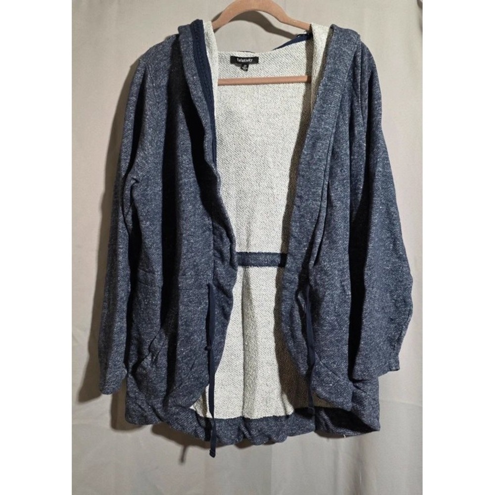 Relativity Navy Blue Marled Hooded Open Front Cardigan Cotton Plus Size 2X